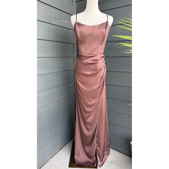Birdy Grey Dresses & Skirts - Birdy Grey Bronze Brown Satin Formal Maxi Dress Ruched Slip Gown Large